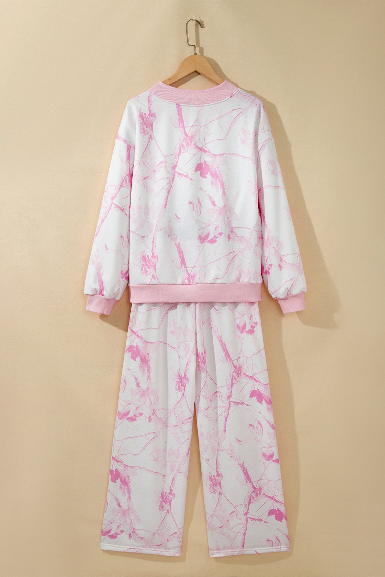 Pink Abstract Plant Print Long Sleeve V Neck Pant Set-Two Piece Sets/Pant Sets-[Adult]-[Female]-2022 Online Blue Zone Planet
