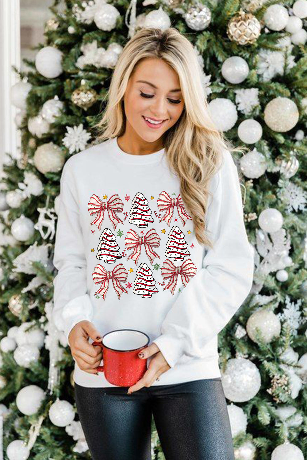 Blue Zone Planet | White Christmas Tree Bowknot Heat Transfer Graphic Sweatshirt-Graphic Sweatshirts-[Adult]-[Female]-2022 Online Blue Zone Planet