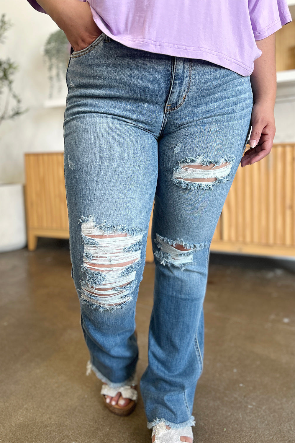 Judy Blue Full Size Distressed Raw Hem Bootcut Jeans-BOTTOM SIZES SMALL MEDIUM LARGE-[Adult]-[Female]-Medium-0(24)-2022 Online Blue Zone Planet