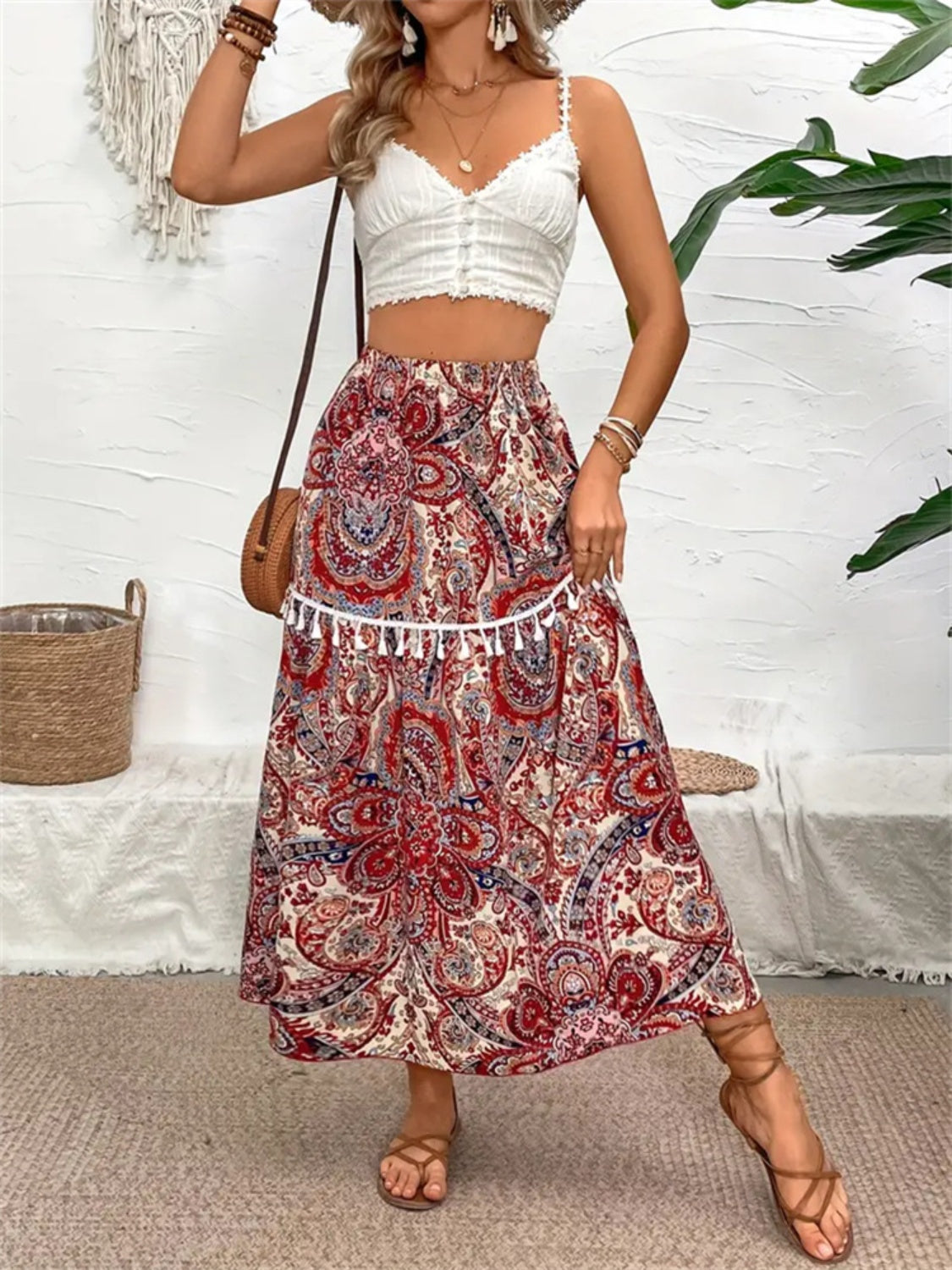 Printed Elastic Waist Midi Skirt-[Adult]-[Female]-2022 Online Blue Zone Planet