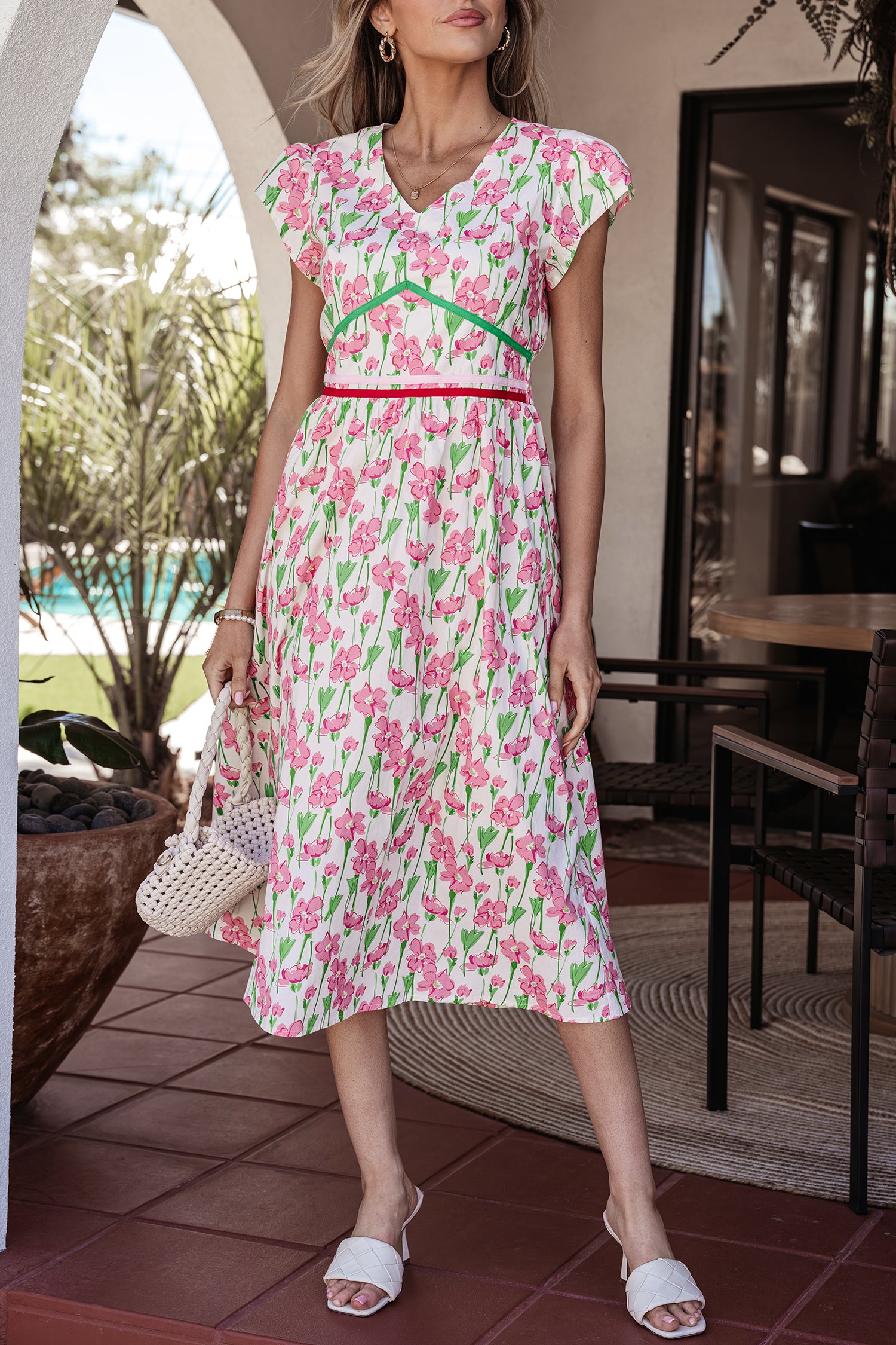 Pink Floral Print Contrast Trim V Neck Short Sleeve Elegant Midi Dress-TOPS / DRESSES-[Adult]-[Female]-2022 Online Blue Zone Planet