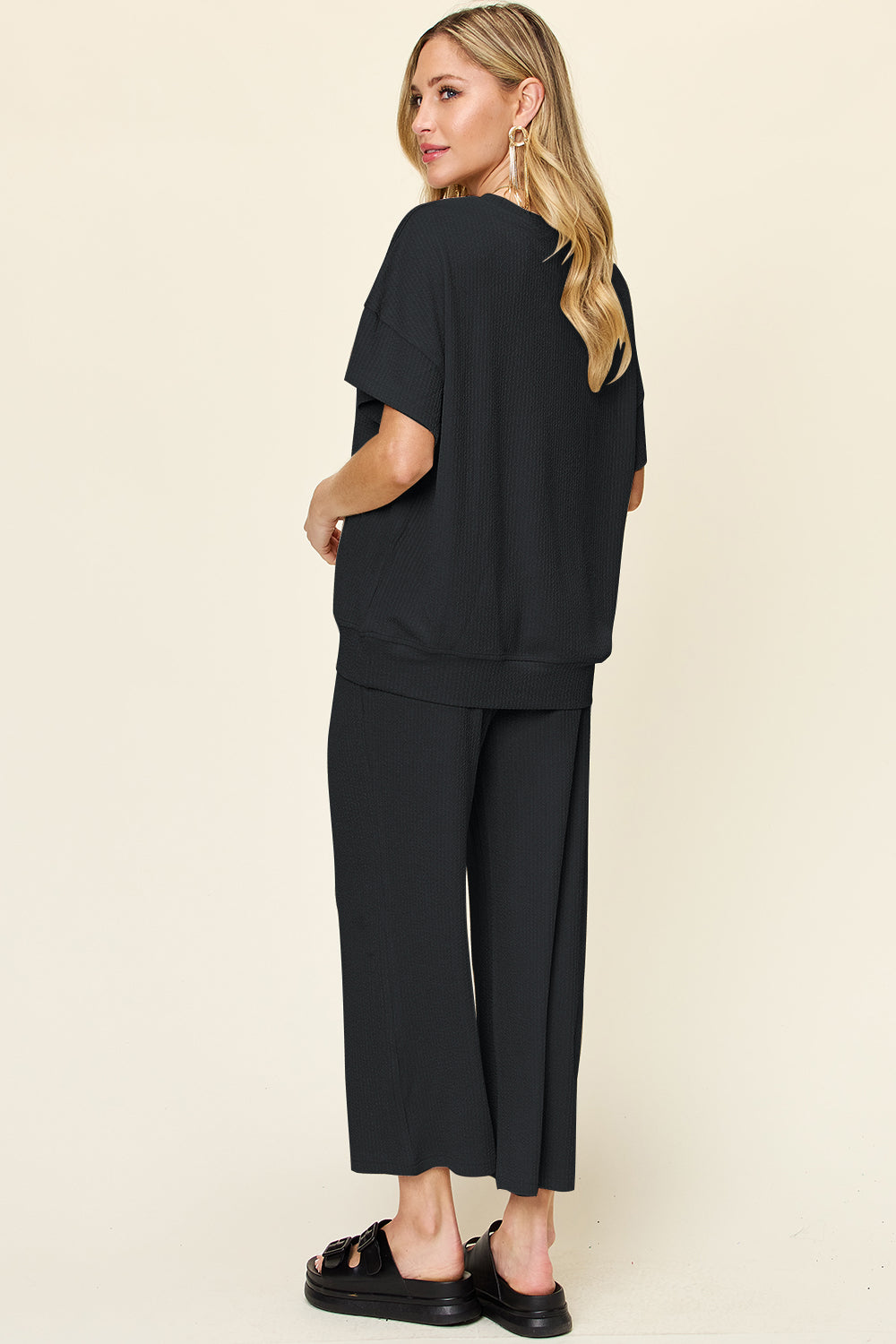 Blue Zone Planet | Double Take Full Size Texture Round Neck Short Sleeve T-Shirt and Wide Leg Pants-TOPS / DRESSES-[Adult]-[Female]-2022 Online Blue Zone Planet