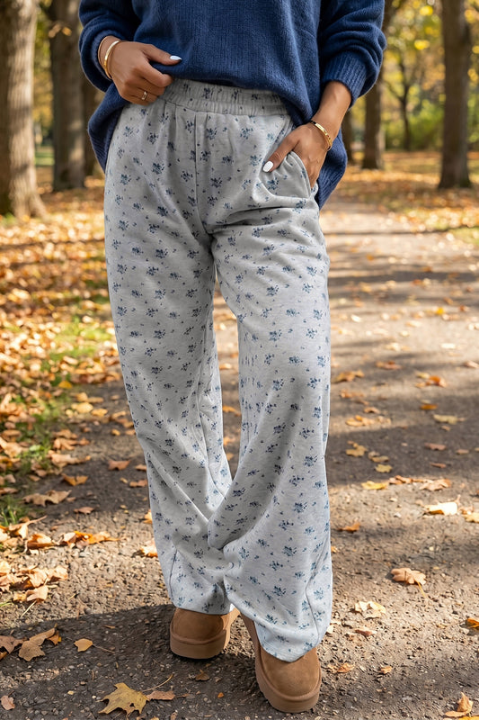 Gray Floral Print Elastic Waist Full Length Regular Pants-Bottoms/Pants & Culotte-[Adult]-[Female]-Gray-S-2022 Online Blue Zone Planet