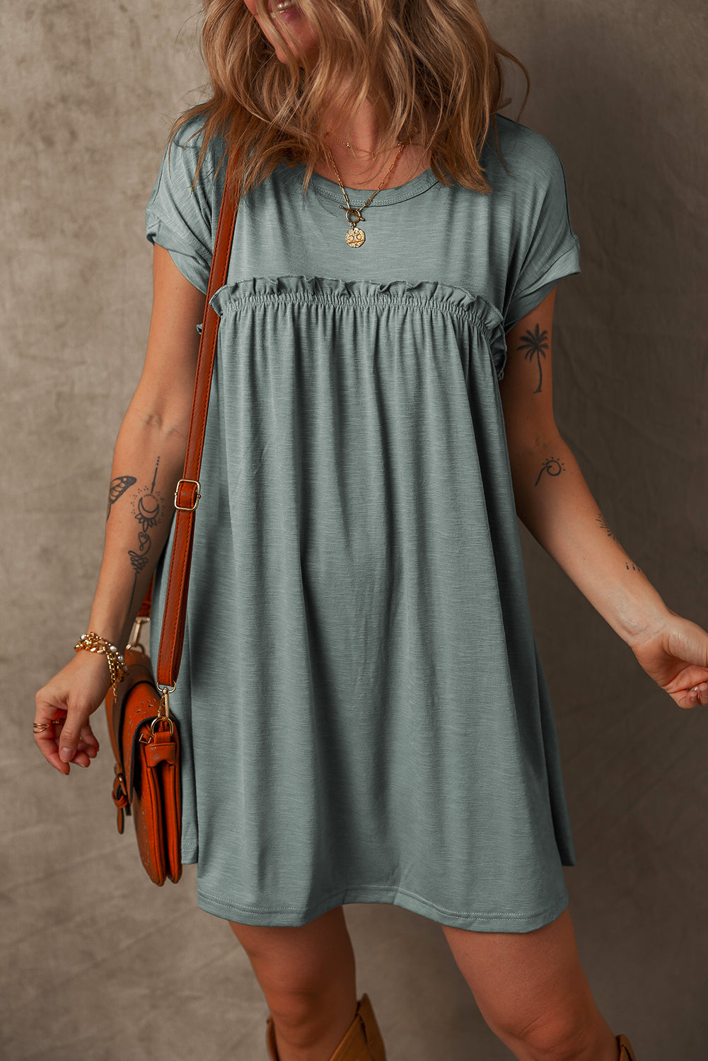 Mist Green Frilled Gathered Seam Round Neck T Shirt Dress-Dresses/T Shirt Dresses-[Adult]-[Female]-Mist Green-S-2022 Online Blue Zone Planet