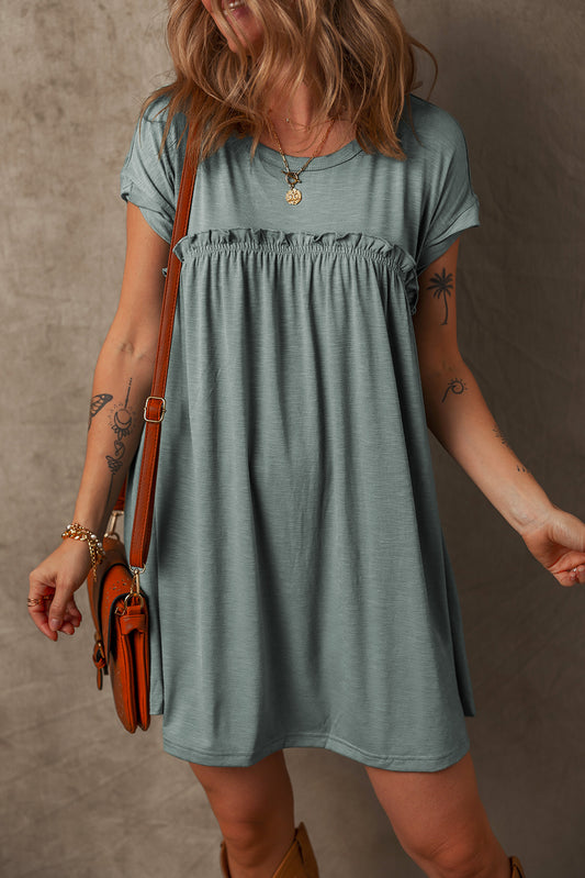 Mist Green Frilled Gathered Seam Round Neck T Shirt Dress-Dresses/T Shirt Dresses-[Adult]-[Female]-Mist Green-S-2022 Online Blue Zone Planet