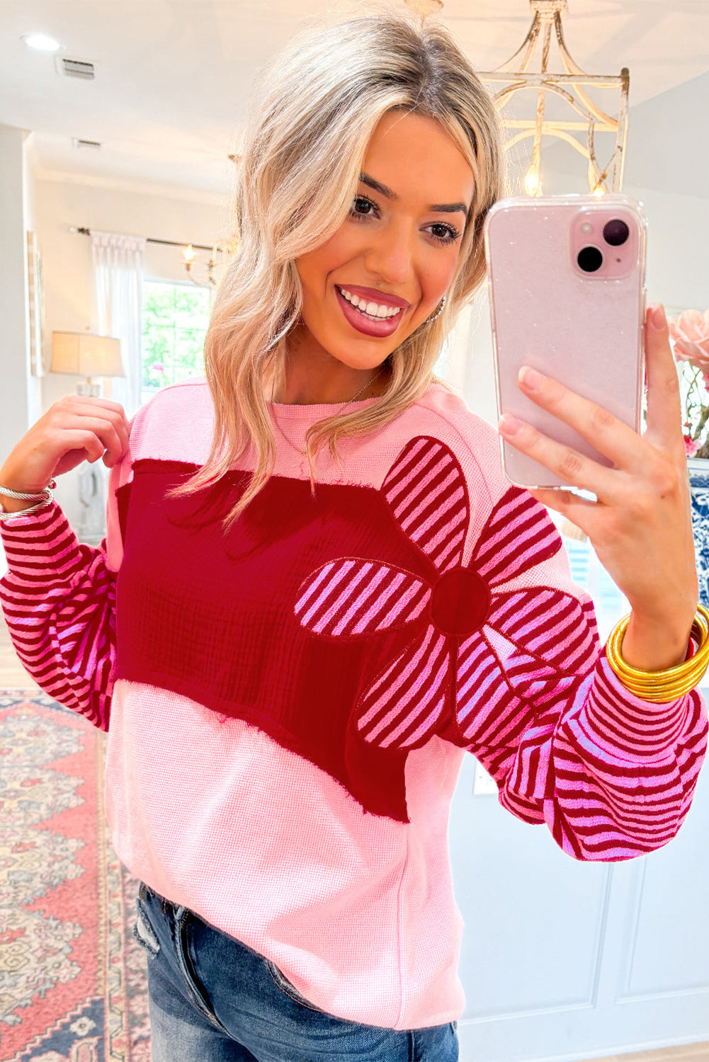 Blue Zone Planet | Pink Floral Patch Color Block Striped Sleeve Textured Top-Tops/Long Sleeve Tops-[Adult]-[Female]-2022 Online Blue Zone Planet