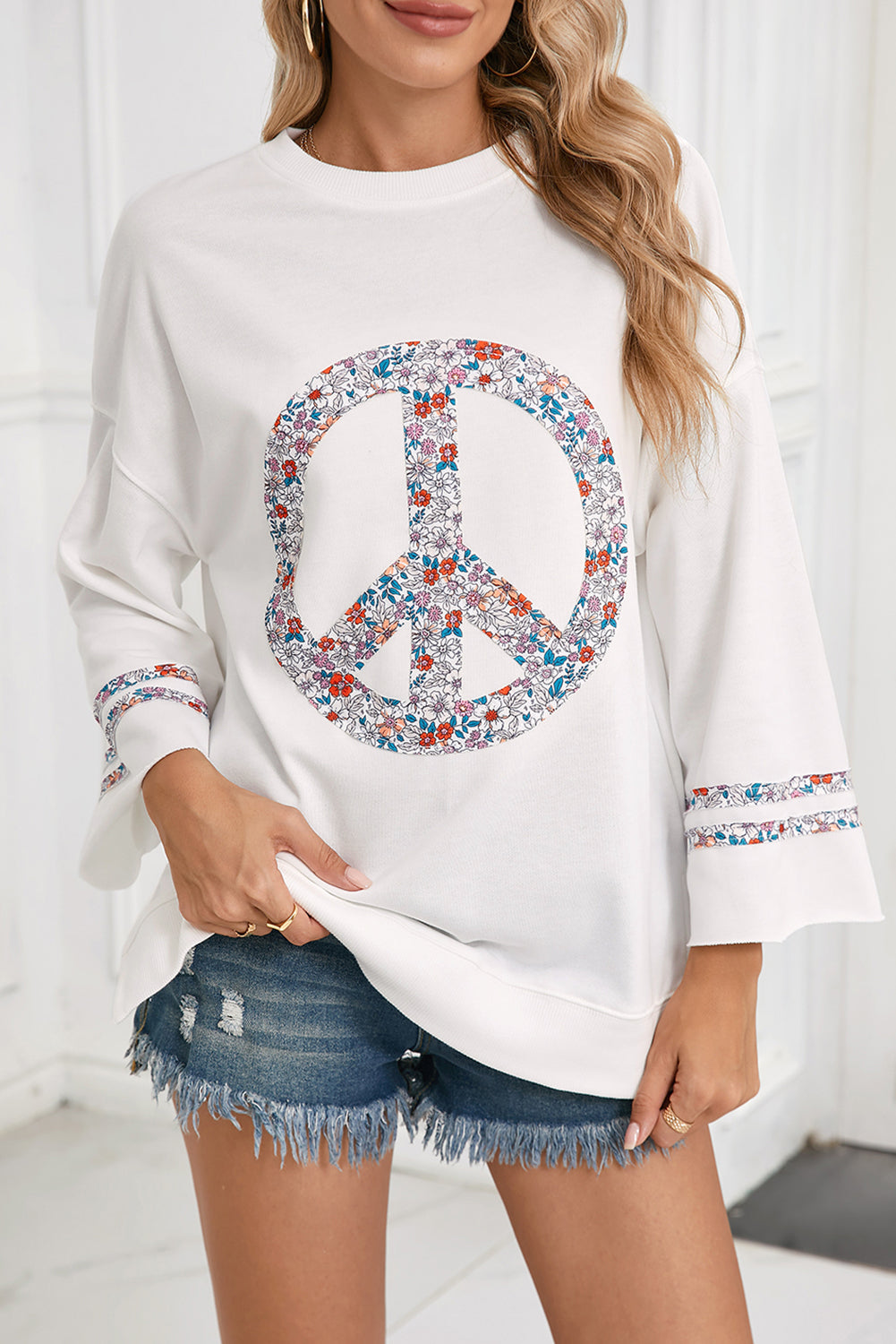 Light Pink Floral Peace Sign Drop Shoulder Top-Long Sleeve Tops-[Adult]-[Female]-2022 Online Blue Zone Planet