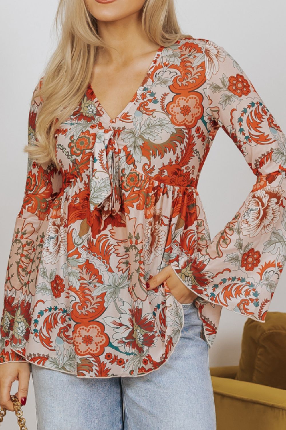 Floral V-Neck Flare Sleeve Blouse-TOPS / DRESSES-[Adult]-[Female]-Floral-S-2022 Online Blue Zone Planet