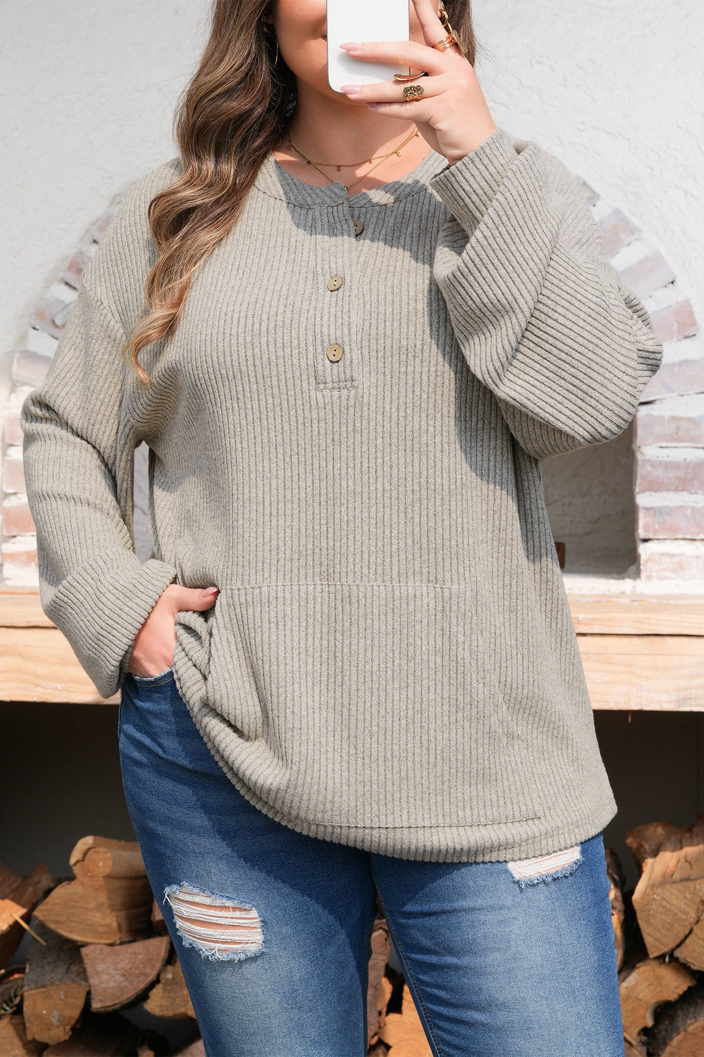 Simply Taupe Plus Size Ribbed Knit Kangaroo Pocket Henley Long Sleeve Top-Plus Size/Plus Size Tops/Plus Size Long Sleeve Tops-[Adult]-[Female]-2022 Online Blue Zone Planet