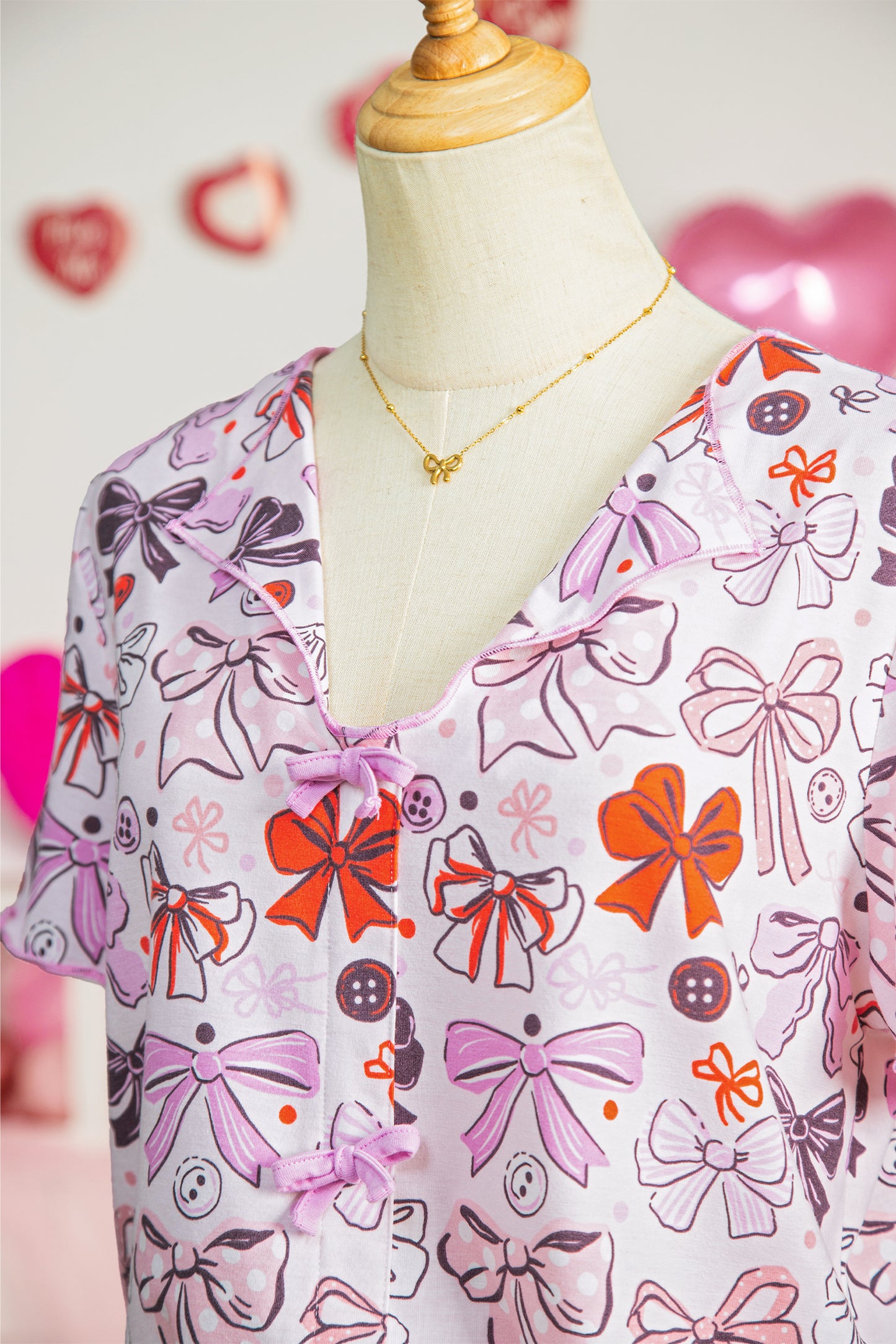 Pink Diverse Bows Buttons Printed Contrast Trim Short Sleeve Shirt Pajama Pant Set-Loungewear & Sleepwear/Sleepwear-[Adult]-[Female]-2022 Online Blue Zone Planet