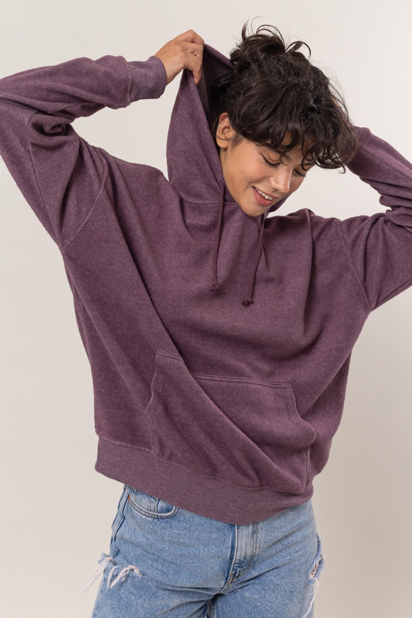 HYFVE Brushed Long Sleeve Hoodie with Kangaroo Pocket-TOPS / DRESSES-[Adult]-[Female]-Dark Plum-S-2022 Online Blue Zone Planet