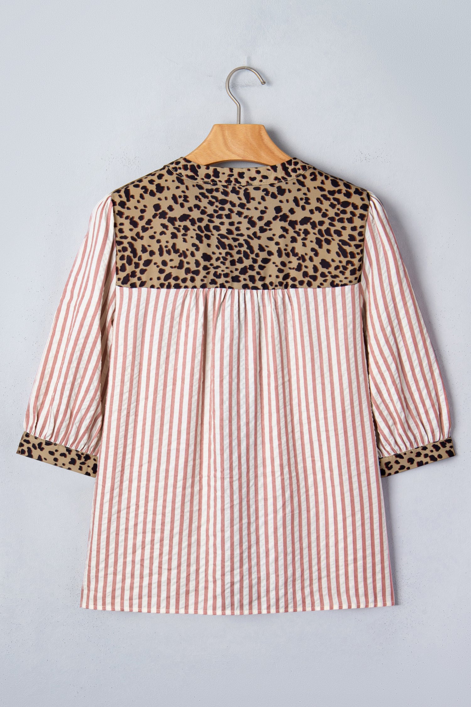 Pink Stripe Leopard Trim V Neck Button Down Half Sleeve Shirt-Tops/Blouses & Shirts-[Adult]-[Female]-2022 Online Blue Zone Planet