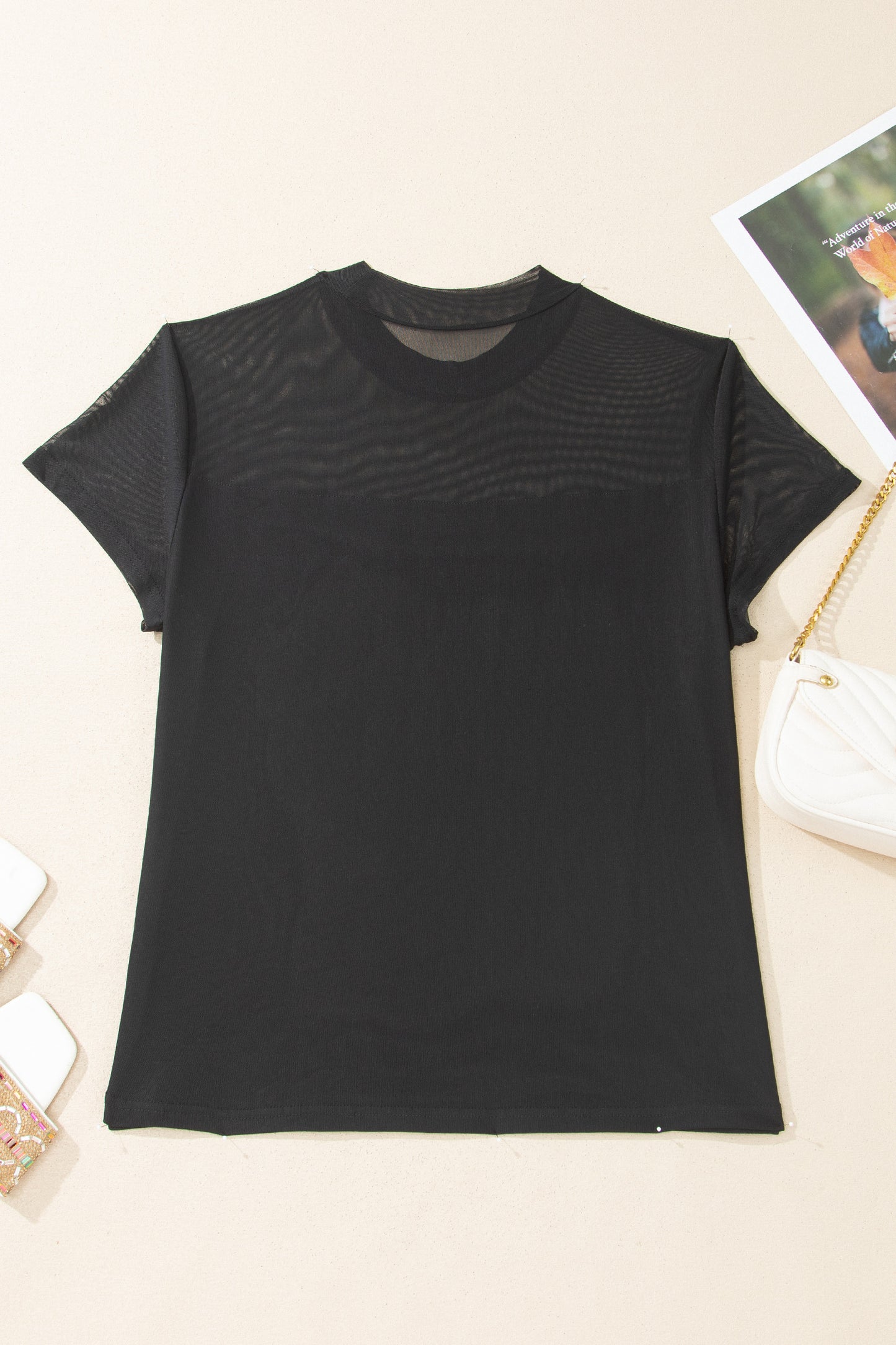 Black Plus Size Sheer Mesh Panel Short Sleeve Top-Plus Size/Plus Size Tops/Plus Size Tops & Tees-[Adult]-[Female]-2022 Online Blue Zone Planet