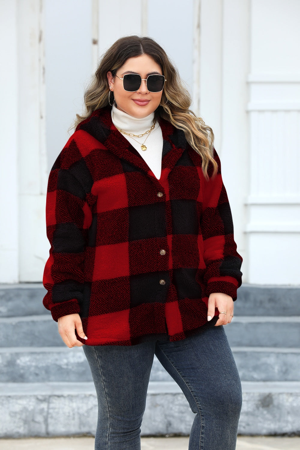 Plus Size Plaid Button Up Hooded Jacket-TOPS / DRESSES-[Adult]-[Female]-Burgundy-1XL-2022 Online Blue Zone Planet