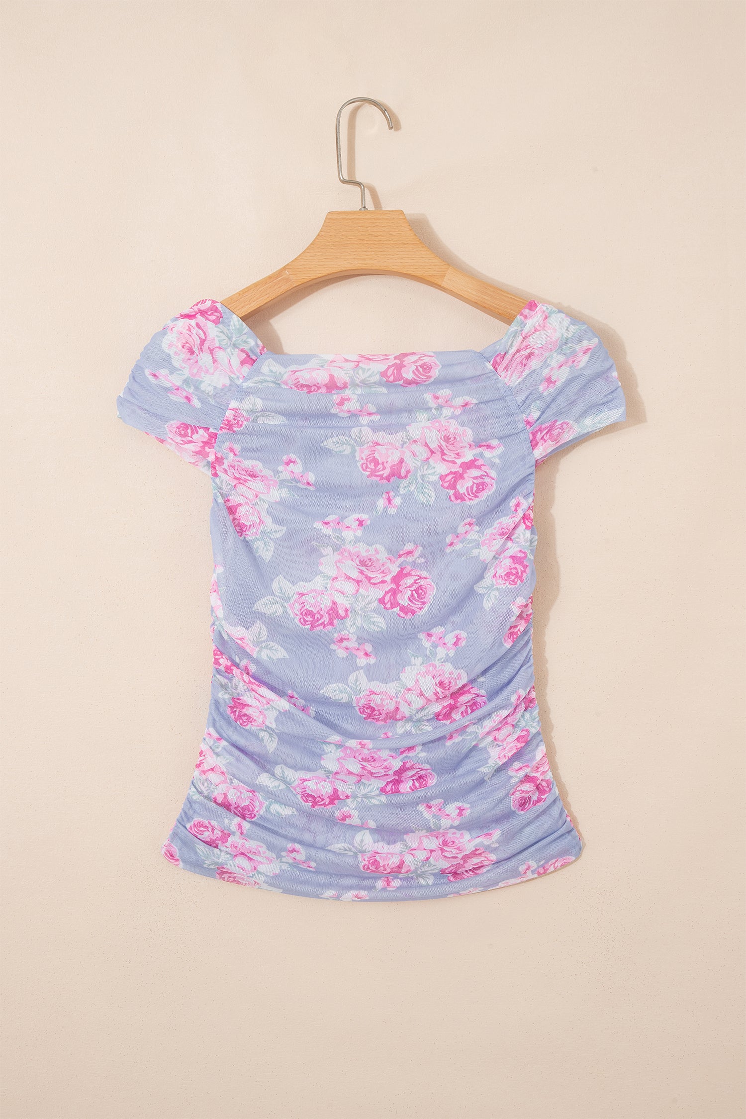 Sky Blue Square Neck Cap Sleeve Ruched Floral Mesh Top-Tops/Tops & Tees-[Adult]-[Female]-2022 Online Blue Zone Planet