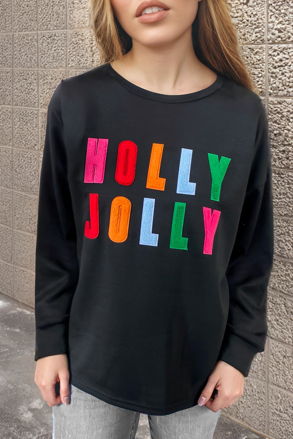 White Chenille Holly Jolly Graphic Long Sleeve Top-Tops/Long Sleeve Tops-[Adult]-[Female]-Black-S-2022 Online Blue Zone Planet