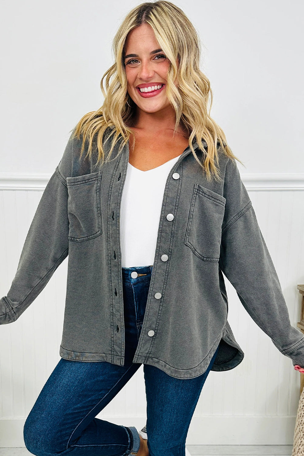 Medium Grey Mineral Wash Chest Pockets Drop Shoulder Shacket with Side Slit-Outerwear/Jackets-[Adult]-[Female]-2022 Online Blue Zone Planet