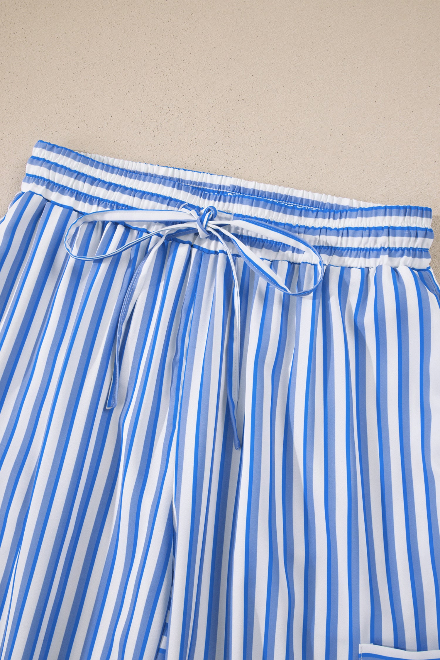 Sky Blue Stripe Drawstring Elastic Waist Patch Pocket Wide Leg Ankle-Length Pants-Bottoms/Pants & Culotte-[Adult]-[Female]-2022 Online Blue Zone Planet