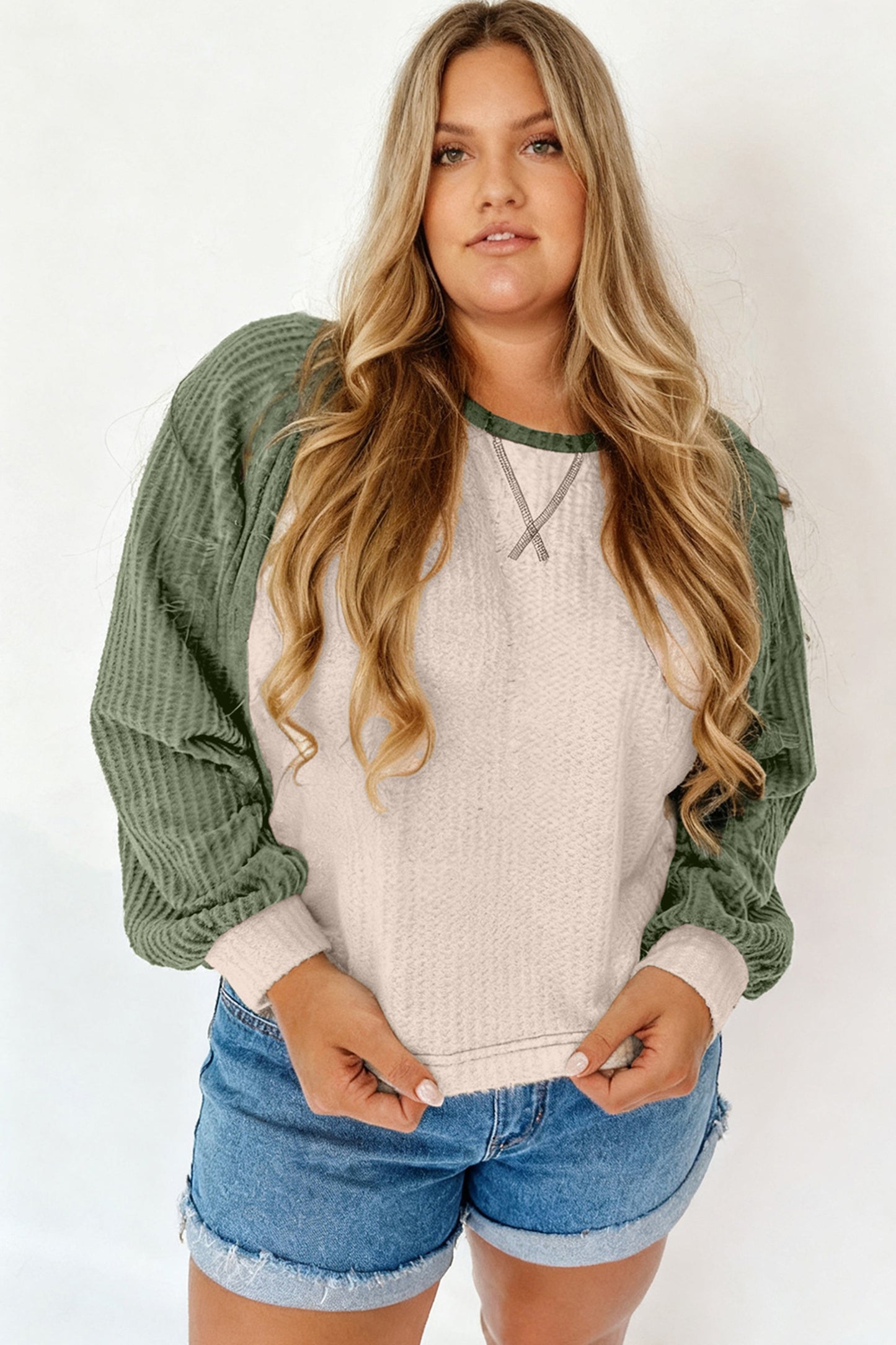Mist Green Plus Size Waffled Color Block Long Sleeve Top-Plus Size/Plus Size Tops/Plus Size Long Sleeve Tops-[Adult]-[Female]-2022 Online Blue Zone Planet