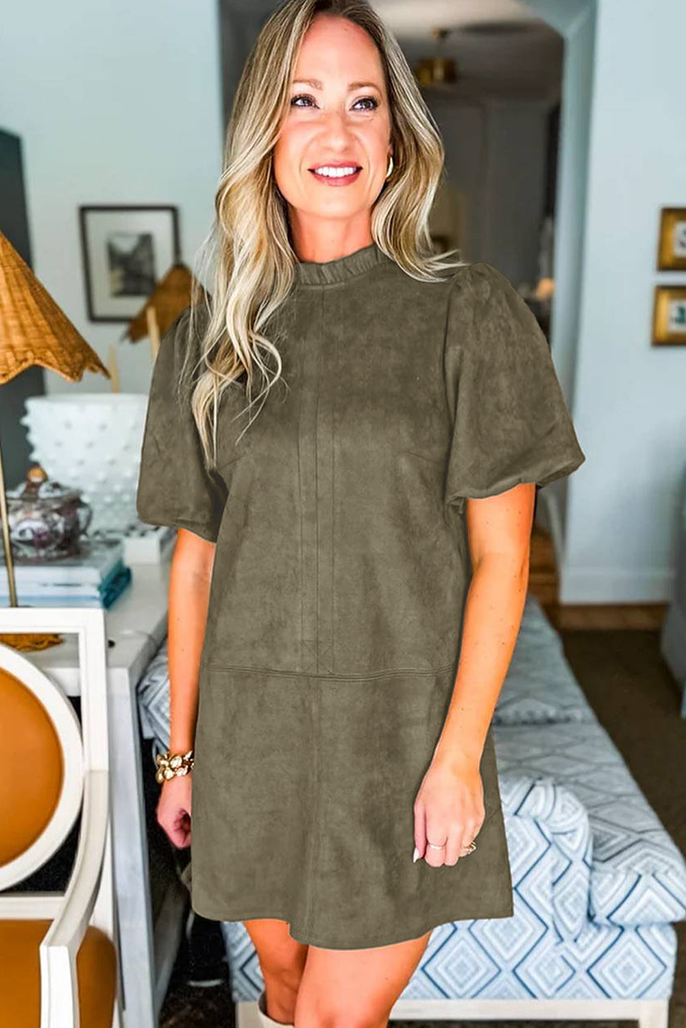 Moss Green Frilled Round Neck Short Puff Sleeve Shift Mini Dress-TOPS / DRESSES-[Adult]-[Female]-2022 Online Blue Zone Planet