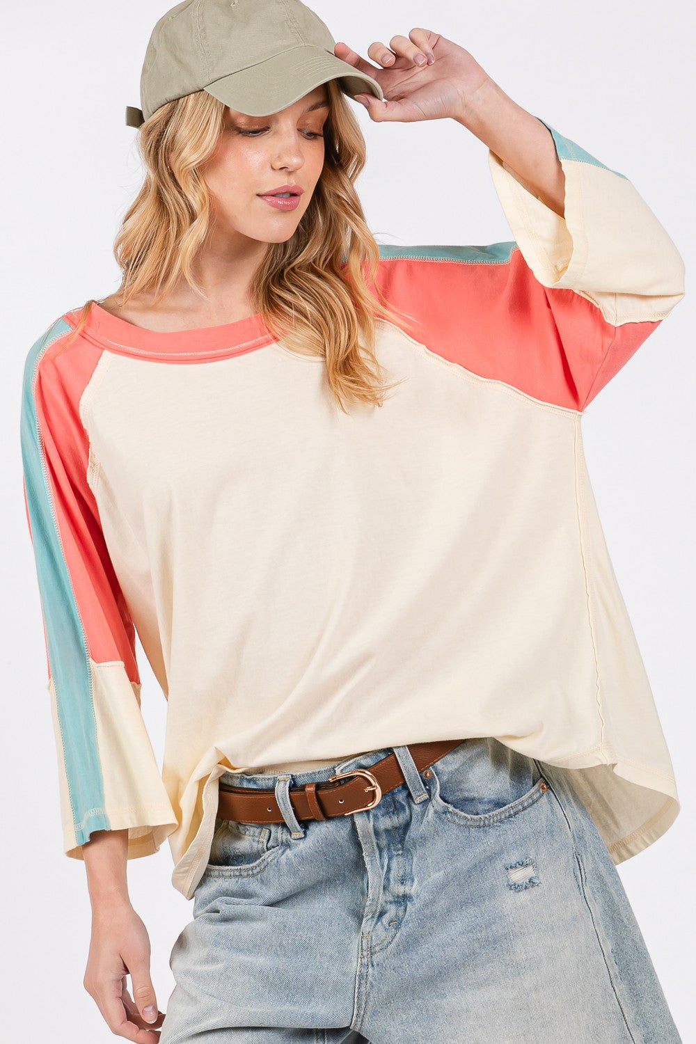 SAGE + FIG Color Block Curved Hem T-Shirt-TOPS / DRESSES-[Adult]-[Female]-Magnolia-S-2022 Online Blue Zone Planet