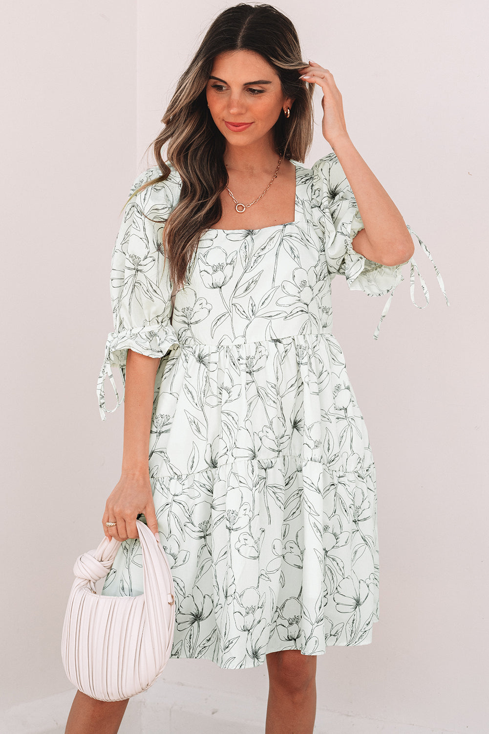 Beige Floral Print Square Neck Shirred Back Puff Sleeve Mini Dress-TOPS / DRESSES-[Adult]-[Female]-2022 Online Blue Zone Planet