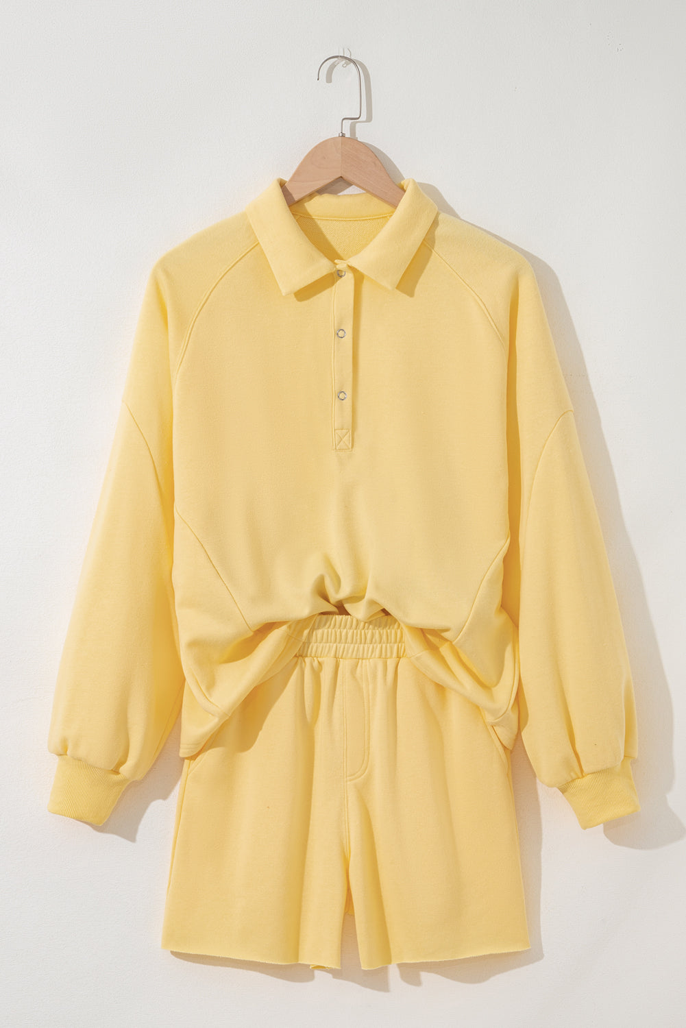 Yellow Cream Button Collar Drop Shoulder Pullover and Shorts 2pcs Outfit-Two Piece Sets/Short Sets-[Adult]-[Female]-2022 Online Blue Zone Planet