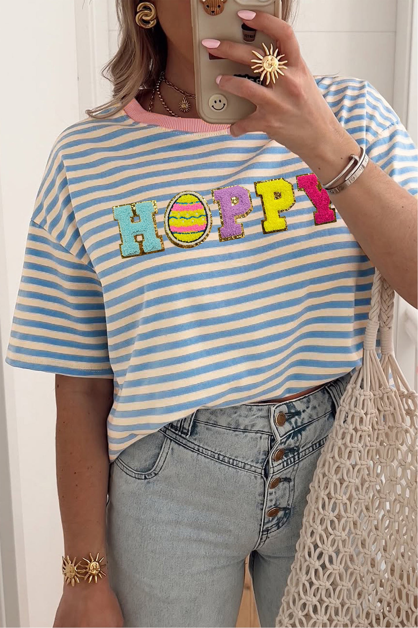 Sky Blue Stripe HOPPY Chenille Patched Graphic Crew Neck Tee-Graphic/Graphic Tees-[Adult]-[Female]-Sky Blue Stripe-S-2022 Online Blue Zone Planet