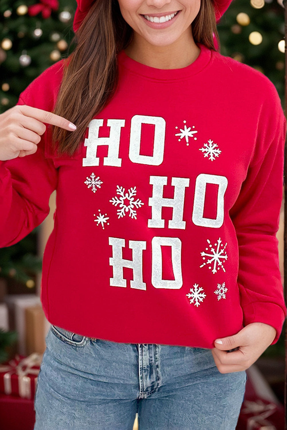 Blue Zone Planet | Fiery Red Christmas Ho Ho Ho Graphic Plus Size Sweatshirt-Plus Size/Plus Size Sweatshirts & Hoodies-[Adult]-[Female]-2022 Online Blue Zone Planet