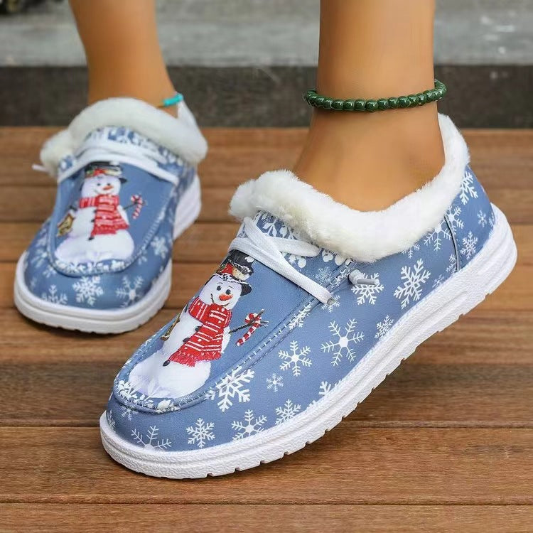 Snowman Print Round Toe Slip-Ons-SHOES-[Adult]-[Female]-2022 Online Blue Zone Planet