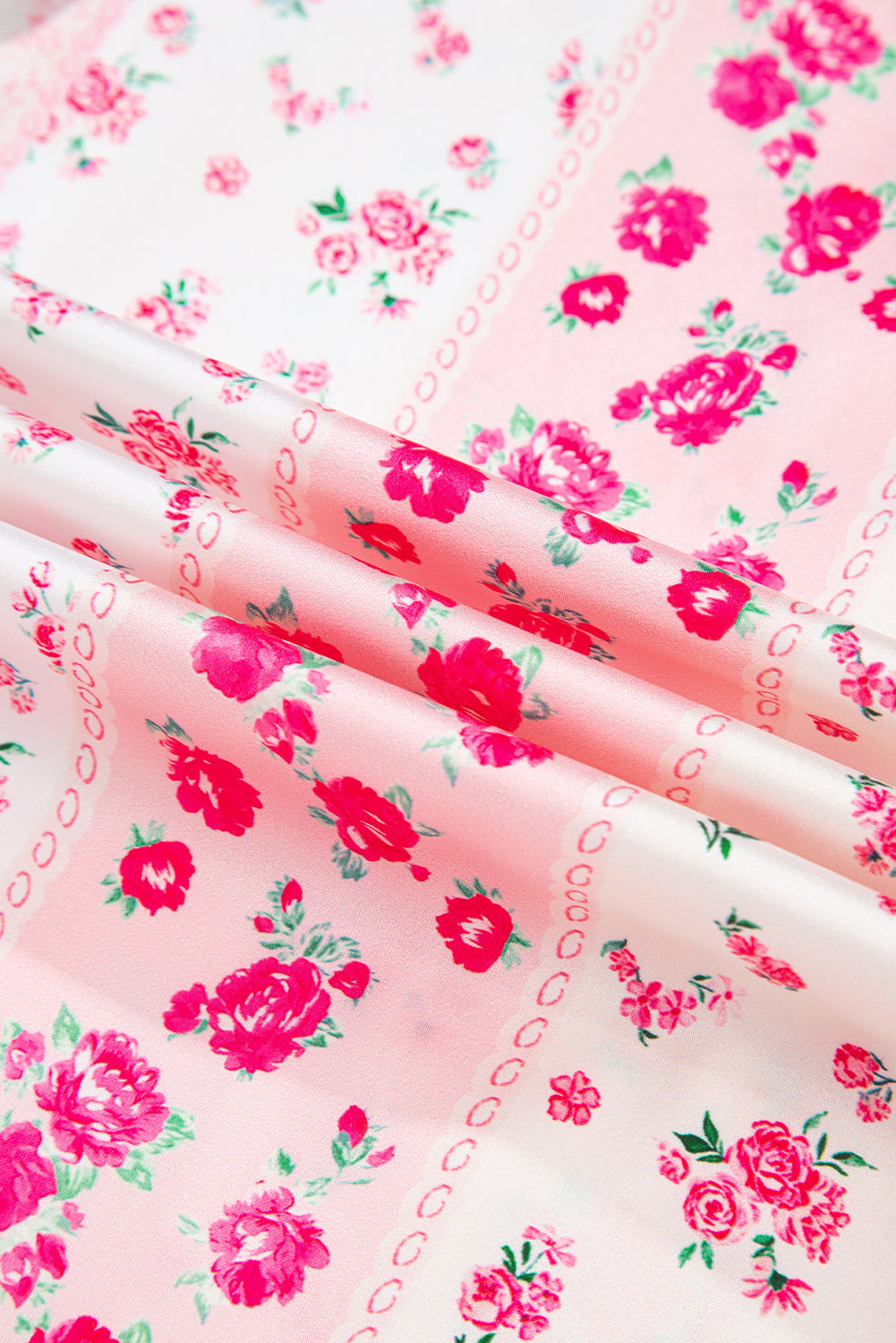Pink Mixed Floral Print Contrast Piping Trim Satin Tie 2pcs Pajama Set-Loungewear & Sleepwear/Sleepwear-[Adult]-[Female]-2022 Online Blue Zone Planet