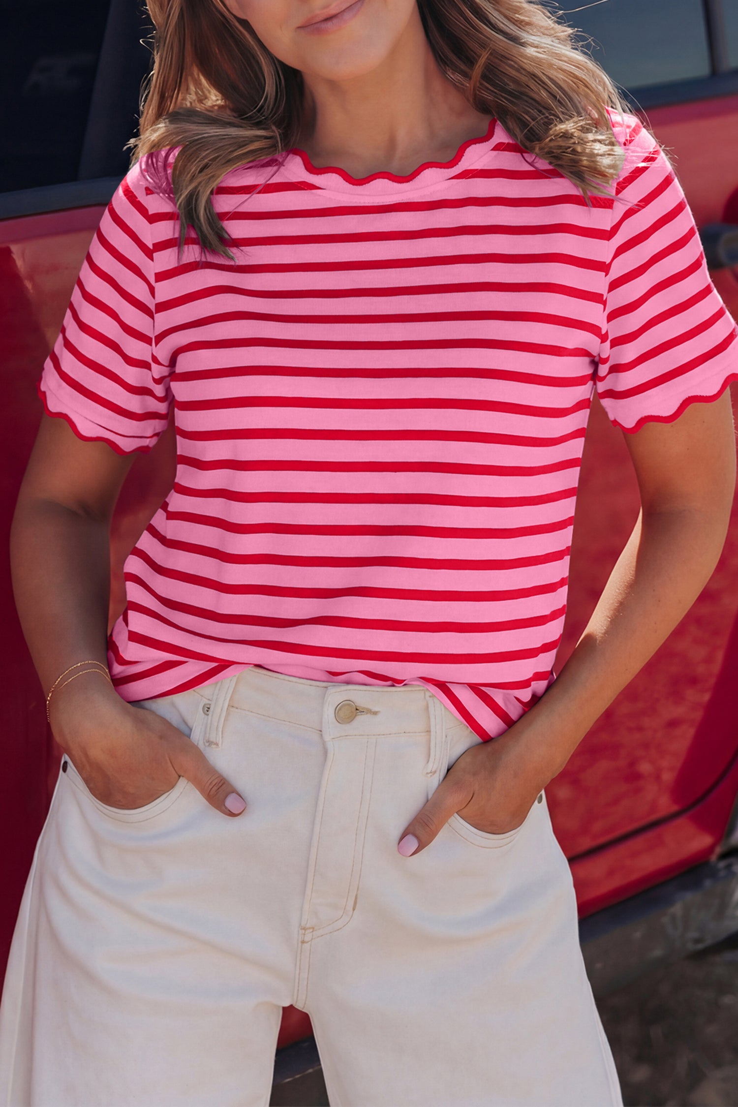 Pink Stripe Scalloped Trim Round Neck T Shirt-Tops/Tops & Tees-[Adult]-[Female]-Pink Stripe-S-2022 Online Blue Zone Planet
