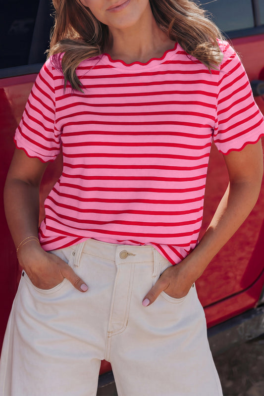 Pink Stripe Scalloped Trim Round Neck T Shirt-Tops/Tops & Tees-[Adult]-[Female]-Pink Stripe-S-2022 Online Blue Zone Planet