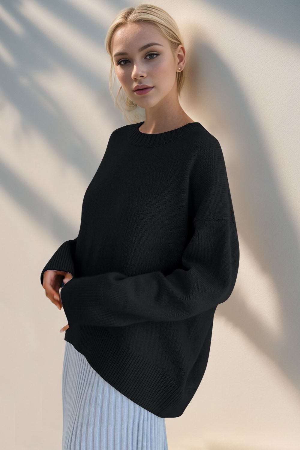 Basic Bae Round Neck Dropped Shoulder Sweater-TOPS / DRESSES-[Adult]-[Female]-Black-One Size-2022 Online Blue Zone Planet