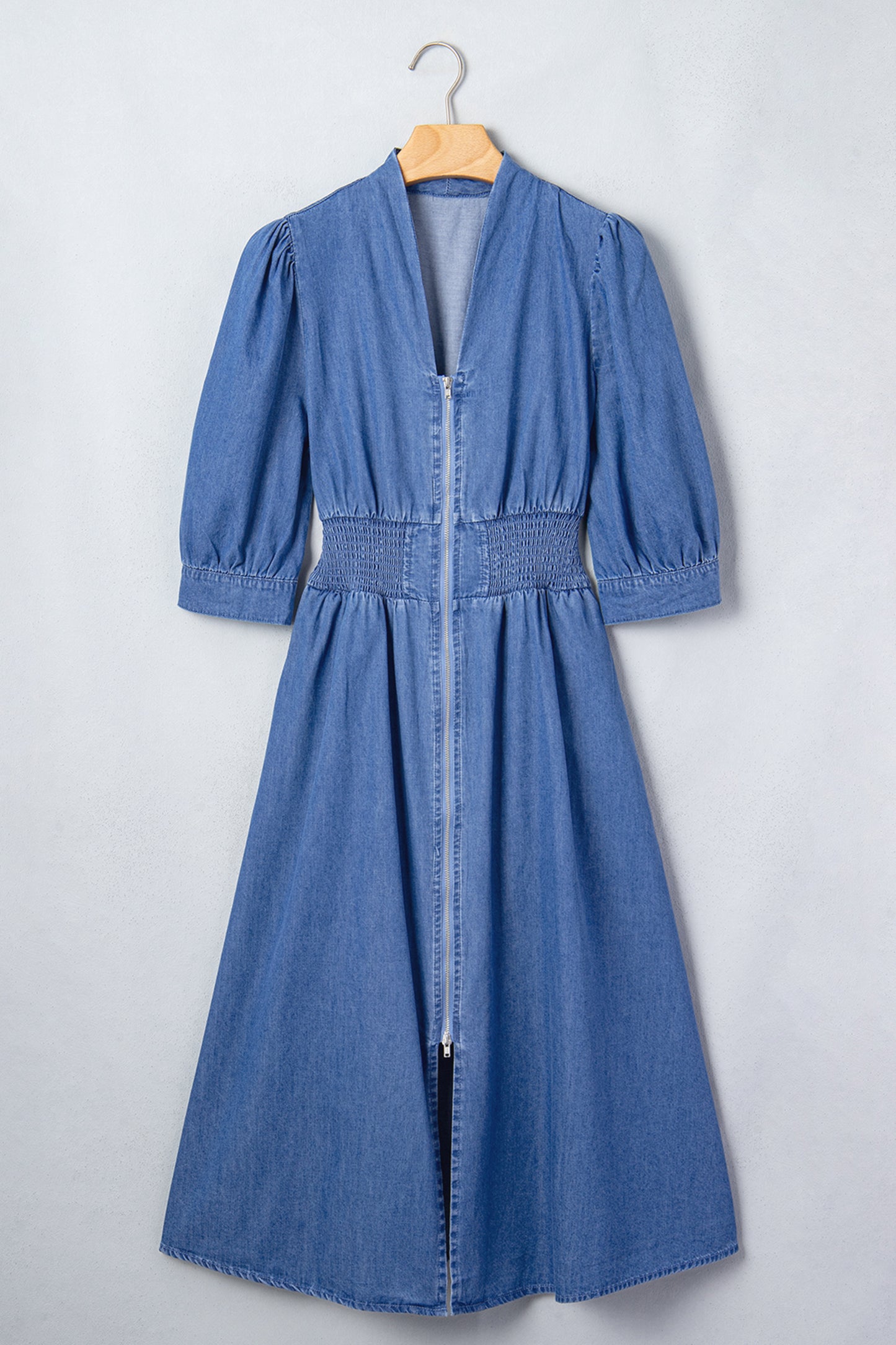 Blue V Neck Shirred Waist Metal Zipper Denim Midi Dress-TOPS / DRESSES-[Adult]-[Female]-2022 Online Blue Zone Planet