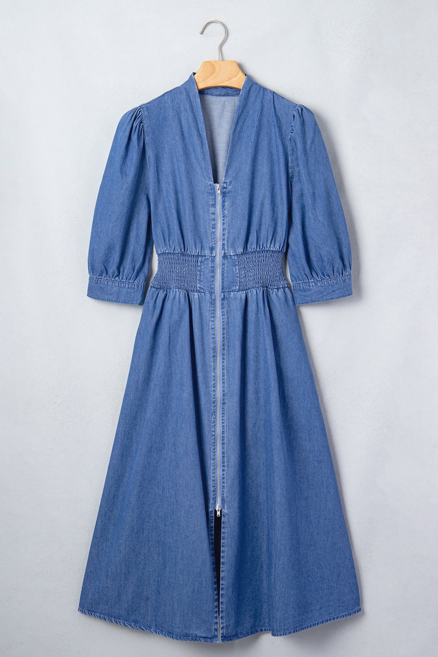 Blue V Neck Shirred Waist Metal Zipper Denim Midi Dress-TOPS / DRESSES-[Adult]-[Female]-2022 Online Blue Zone Planet