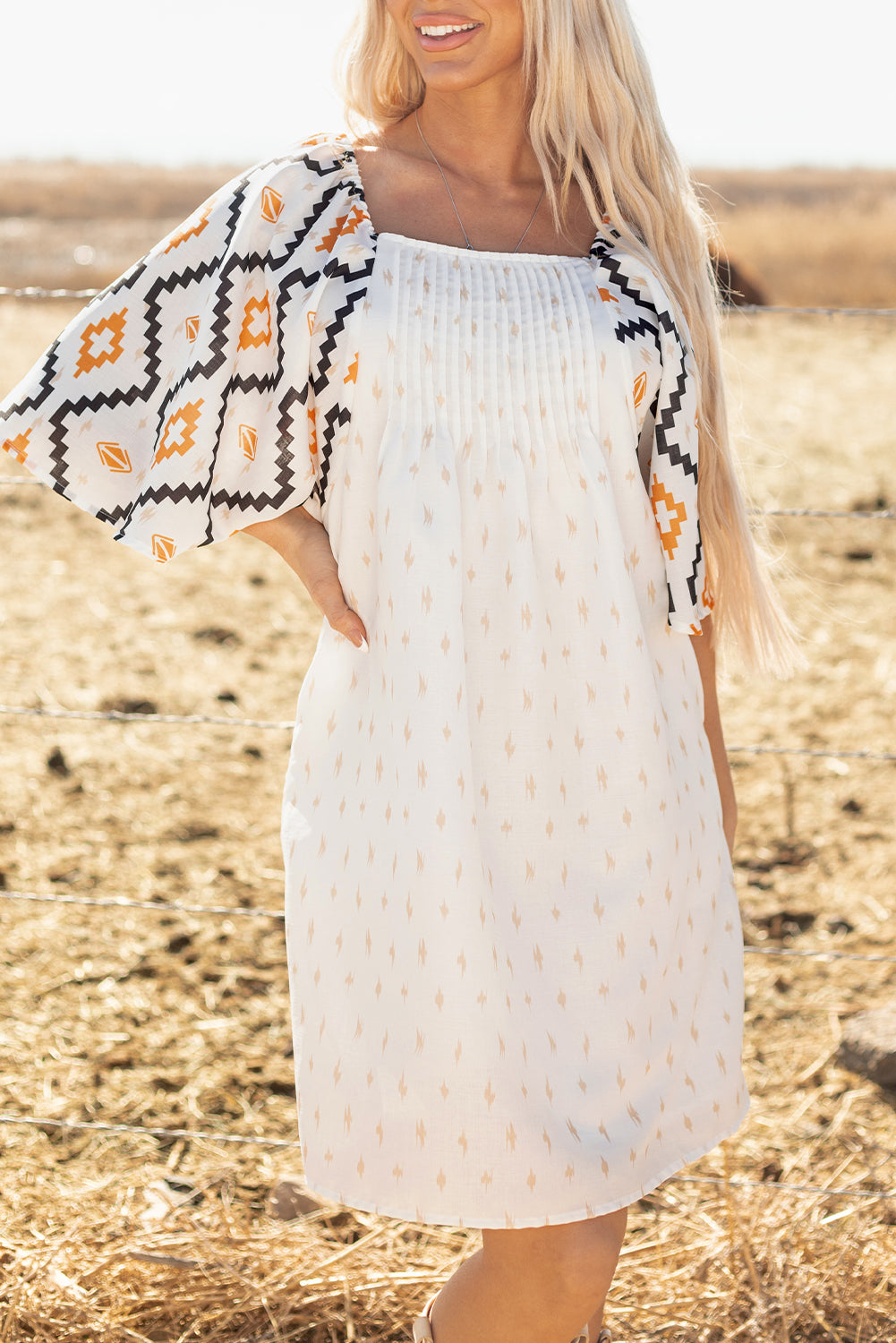 Blue Zone Planet | Beige Western Aztec Print Pleated Square Neck Loose Mini Dress-TOPS / DRESSES-[Adult]-[Female]-2022 Online Blue Zone Planet
