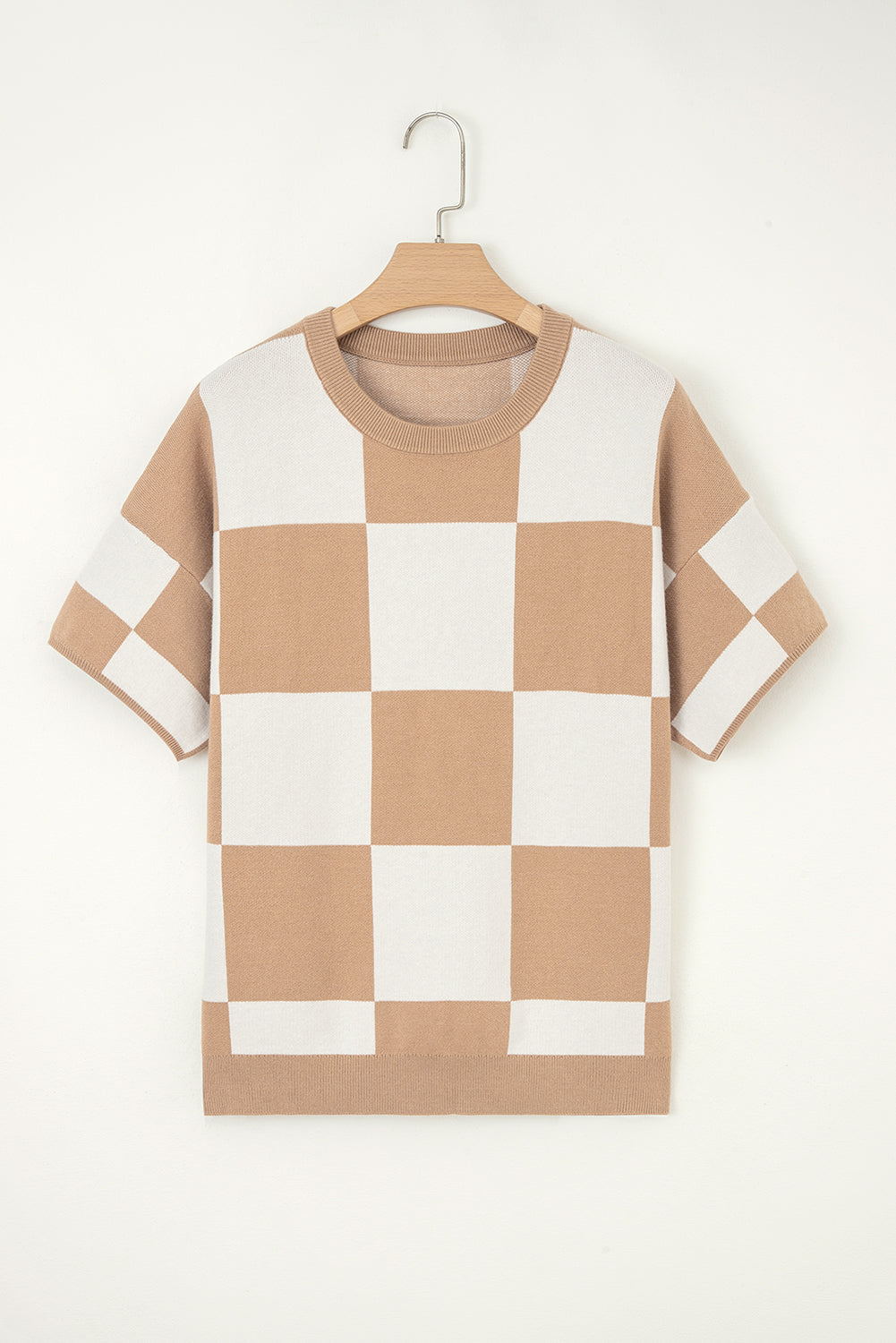 Light French Beige Checkered Pattern Loose Drop Shoulder Half Sleeve Sweater-Sweaters & Cardigans/Short Sleeve Sweaters-[Adult]-[Female]-2022 Online Blue Zone Planet