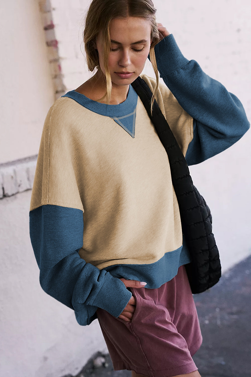 Blue Zone Planet | Parchment Color Block Thumbhole Sleeve Drop Shoulder Sweatshirt-Tops/Sweatshirts & Hoodies-[Adult]-[Female]-2022 Online Blue Zone Planet