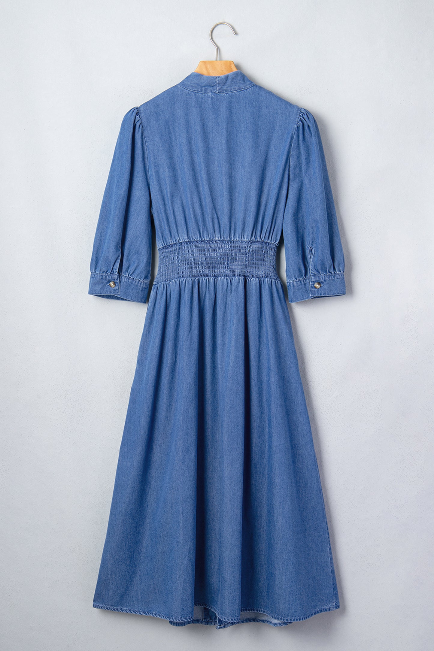 Blue V Neck Shirred Waist Metal Zipper Denim Midi Dress-TOPS / DRESSES-[Adult]-[Female]-2022 Online Blue Zone Planet