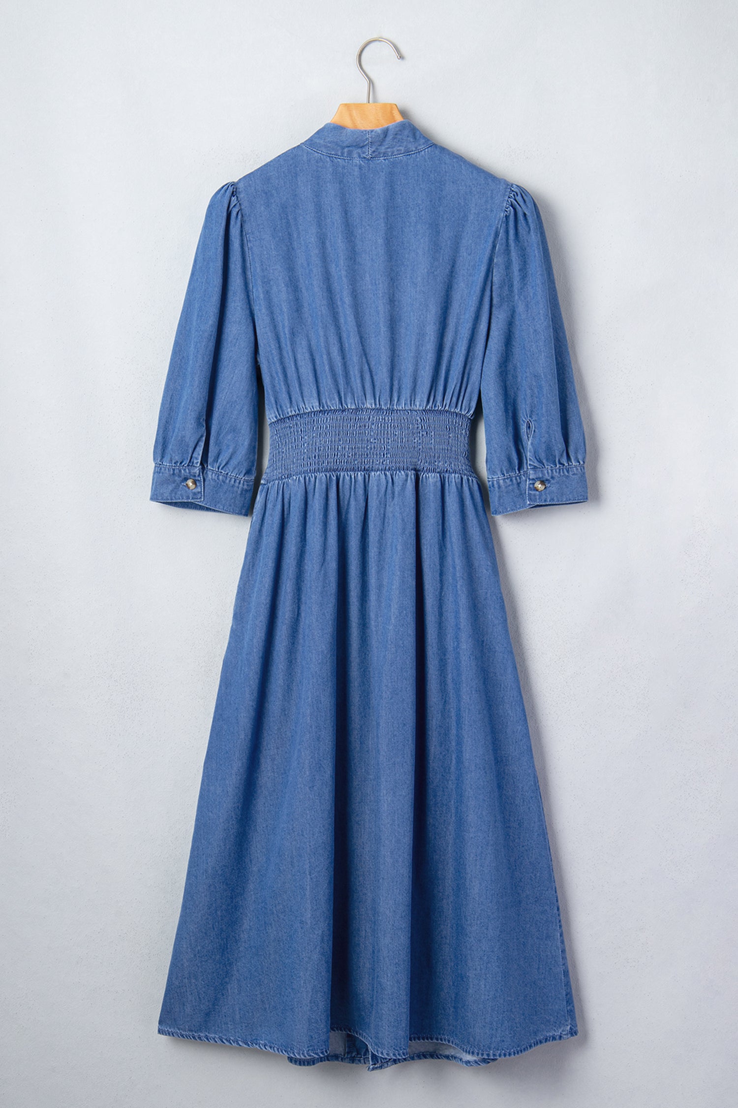 Blue V Neck Shirred Waist Metal Zipper Denim Midi Dress-TOPS / DRESSES-[Adult]-[Female]-2022 Online Blue Zone Planet