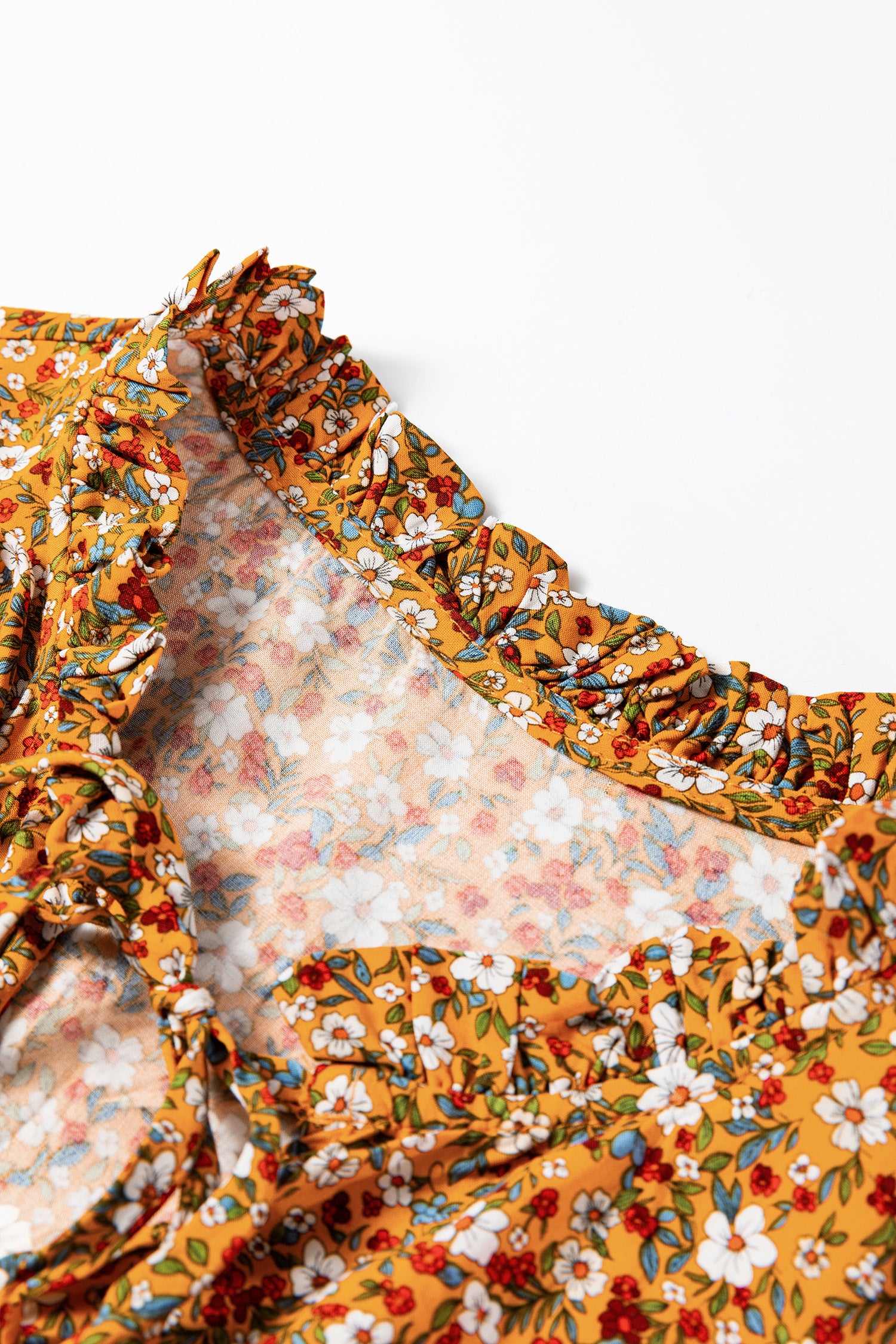 Orange Boho Floral Ruffled Bubble Sleeve V Neck Fall Blouse-Tops/Blouses & Shirts-[Adult]-[Female]-2022 Online Blue Zone Planet