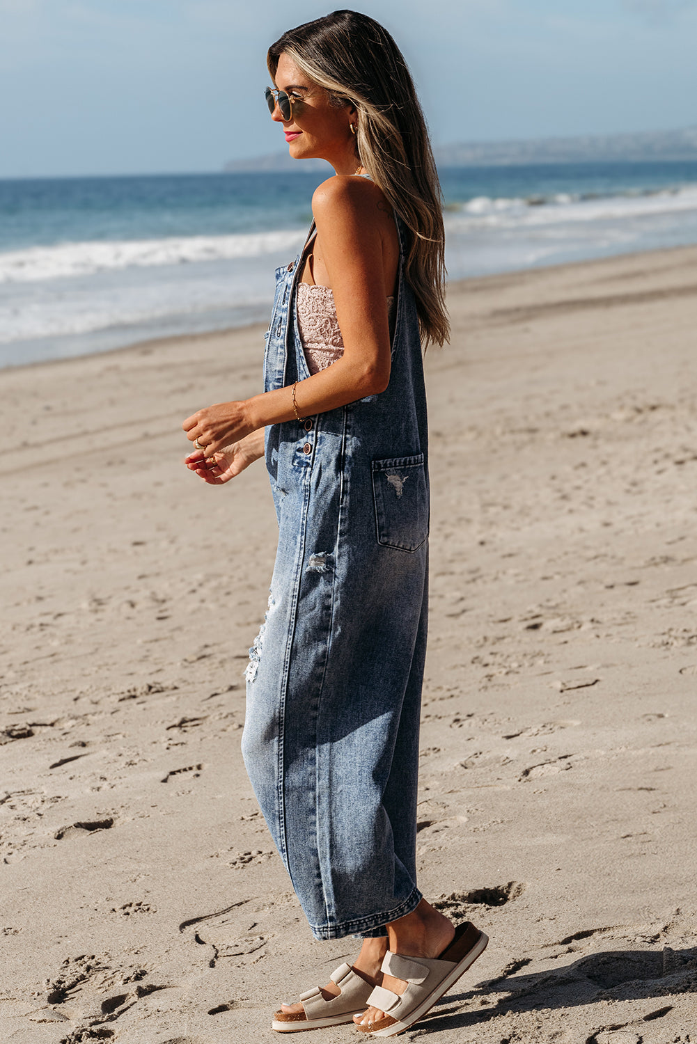 Blue Zone Planet | Stone Blue Distressed Bib Pocket Wide Leg Denim Overall-Bottoms/Jumpsuits & Rompers-[Adult]-[Female]-2022 Online Blue Zone Planet