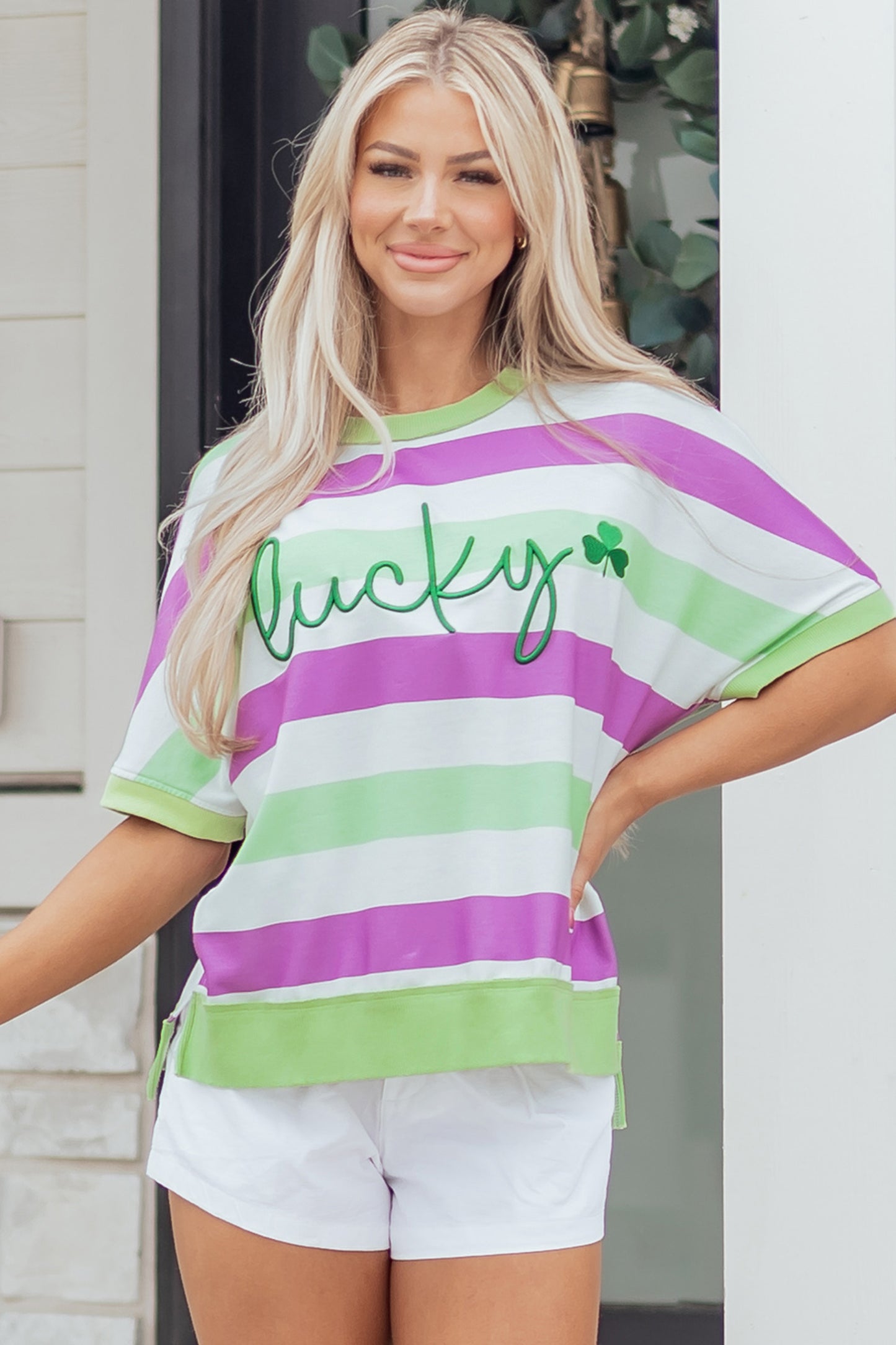 Green Stripe Lucky Clover Embroidered Graphic Dolman Loose Tee-Tops/Tops & Tees-[Adult]-[Female]-2022 Online Blue Zone Planet