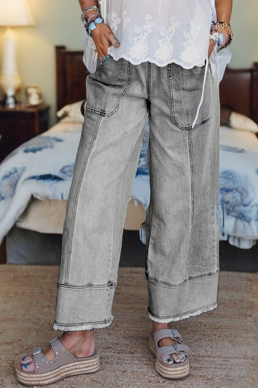 Gray Drawstring Seam Detail Raw Hem Wide Leg Denim Pants-Bottoms/Jeans-[Adult]-[Female]-Gray-4-2022 Online Blue Zone Planet