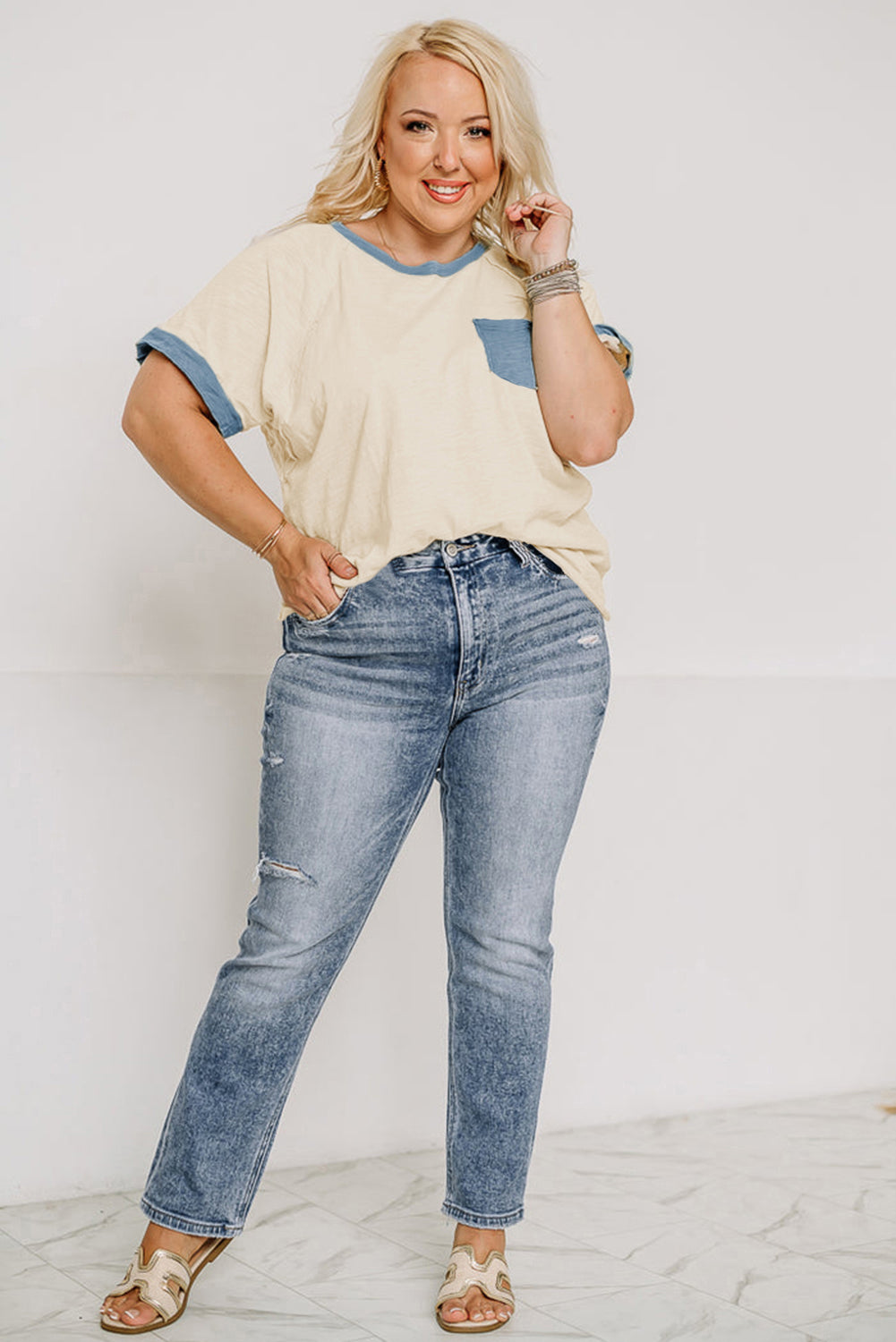 Beige Raw Seam Contrast Color Patchwork Plus Size Top-Plus Size/Plus Size Tops/Plus Size Tops & Tees-[Adult]-[Female]-2022 Online Blue Zone Planet