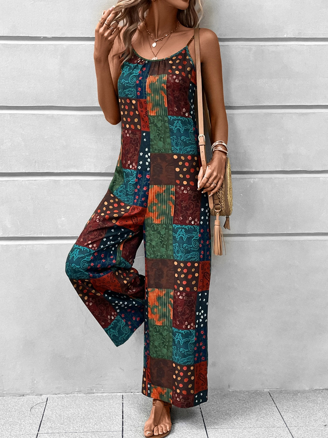 Printed Scoop Neck Spaghetti Strap Jumpsuit-[Adult]-[Female]-2022 Online Blue Zone Planet