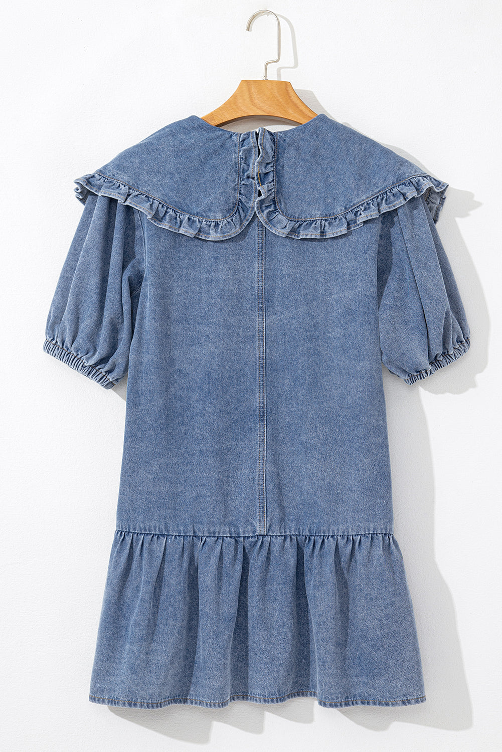 Blue Zone Planet | Dusk Blue Ruffled Collared Side Pockets Puff Sleeve Denim Mini Dress-TOPS / DRESSES-[Adult]-[Female]-2022 Online Blue Zone Planet