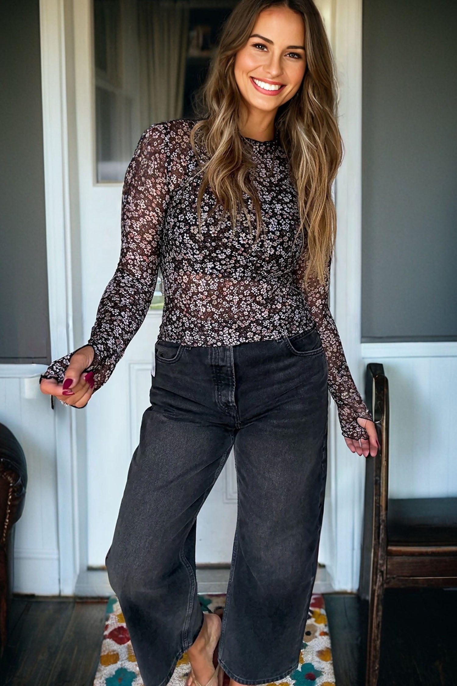 Black Ditsy Floral Mesh Thumbhole Sleeve Slim Fit Top-Tops/Long Sleeve Tops-[Adult]-[Female]-2022 Online Blue Zone Planet