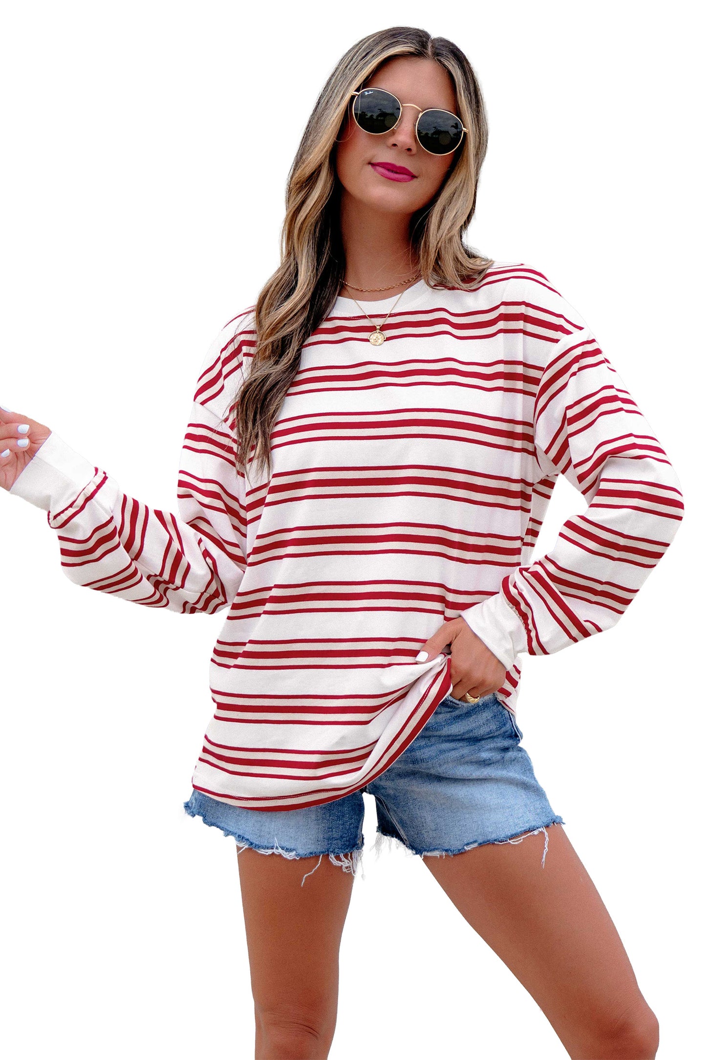 Red Stripe Dropped Shoulder Long Sleeve Casual Pullover Top-Tops/Long Sleeve Tops-[Adult]-[Female]-2022 Online Blue Zone Planet